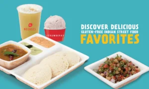 Gluten-free Indian street food meal with idli, chutneys, sambar, salad, a strawberry ice cream, and a beverage from Neehee's, with the text 'Discover delicious gluten-free Indian street food favorites.