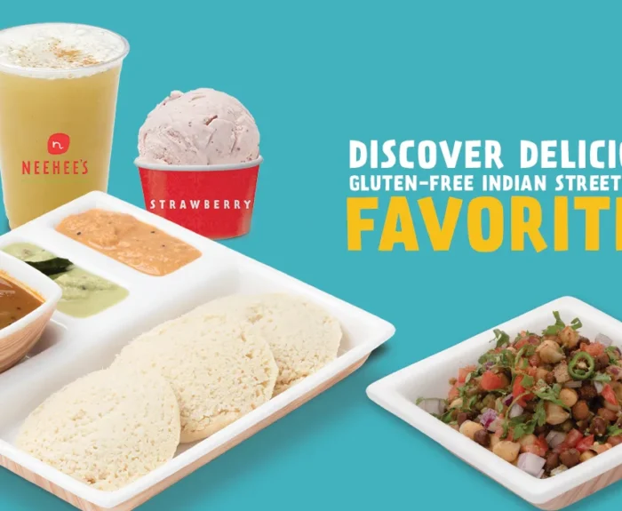 Gluten-free Indian street food meal with idli, chutneys, sambar, salad, a strawberry ice cream, and a beverage from Neehee's, with the text 'Discover delicious gluten-free Indian street food favorites.