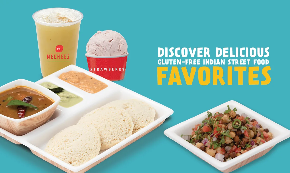 Gluten-free Indian street food meal with idli, chutneys, sambar, salad, a strawberry ice cream, and a beverage from Neehee's, with the text 'Discover delicious gluten-free Indian street food favorites.