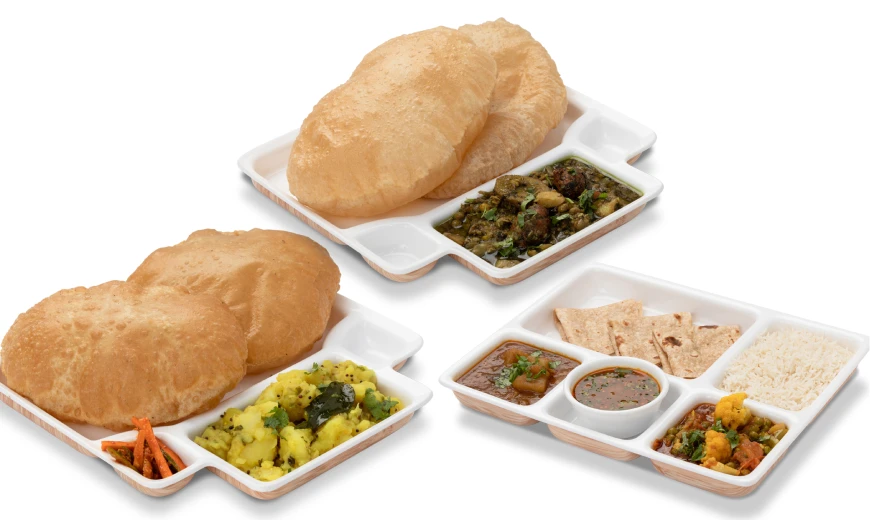 The close-up view of Neehee's Puri Bhaji, Undhiyu Puri and Gujarati Thali.